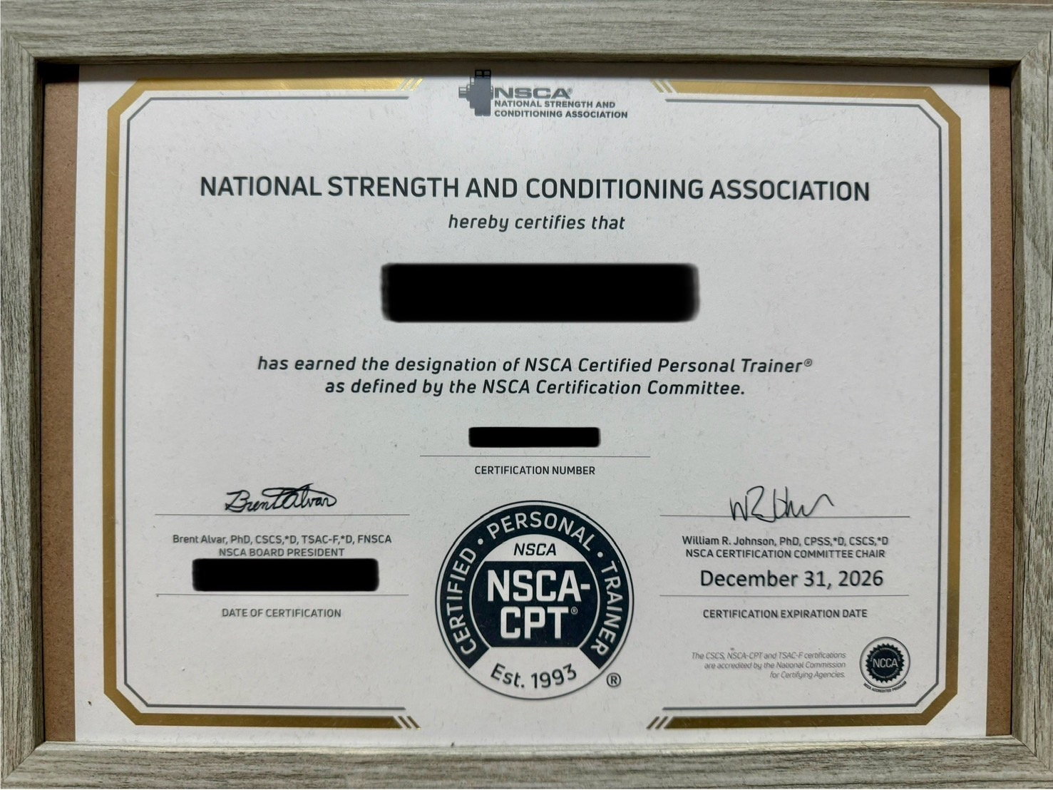 パーソナルトレーナー資格のNSCA-CPTの資格証です